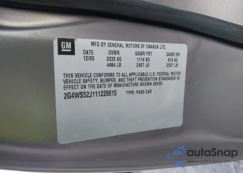 2001 Buick Century Custom from USA, damaged, VIN 2G4WS52J111228615